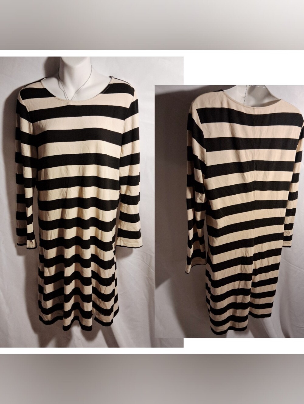 Theory Black/Cream Stripe Three Quarter Sleeve Crew Neck Stretch Dress.  Sz Med